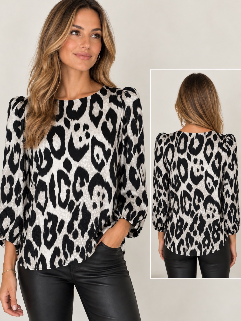 Ronny Kobo silk Black & White Animal-Print Puff Sleeve Top
